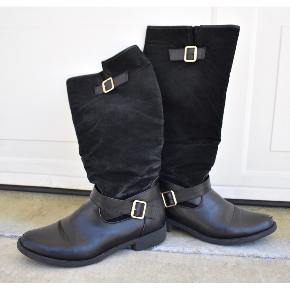 Knee High Black Suede Boots W/ Side Buckle Zipper